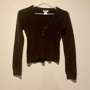 Brown Ribbed Knit Long Sleeve V Neck Button‎ Up Sweater Top